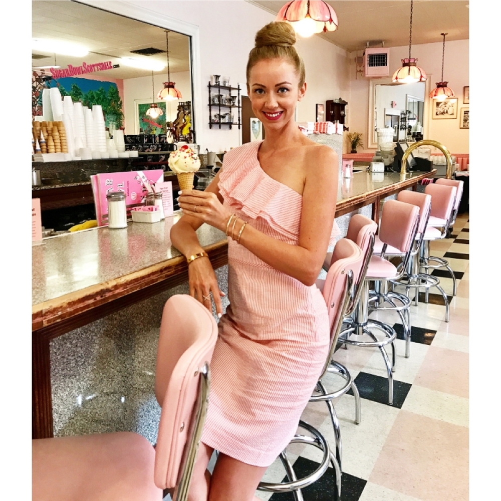 J.Crew  One-shoulder Ruffle Pink Seersucker Dress